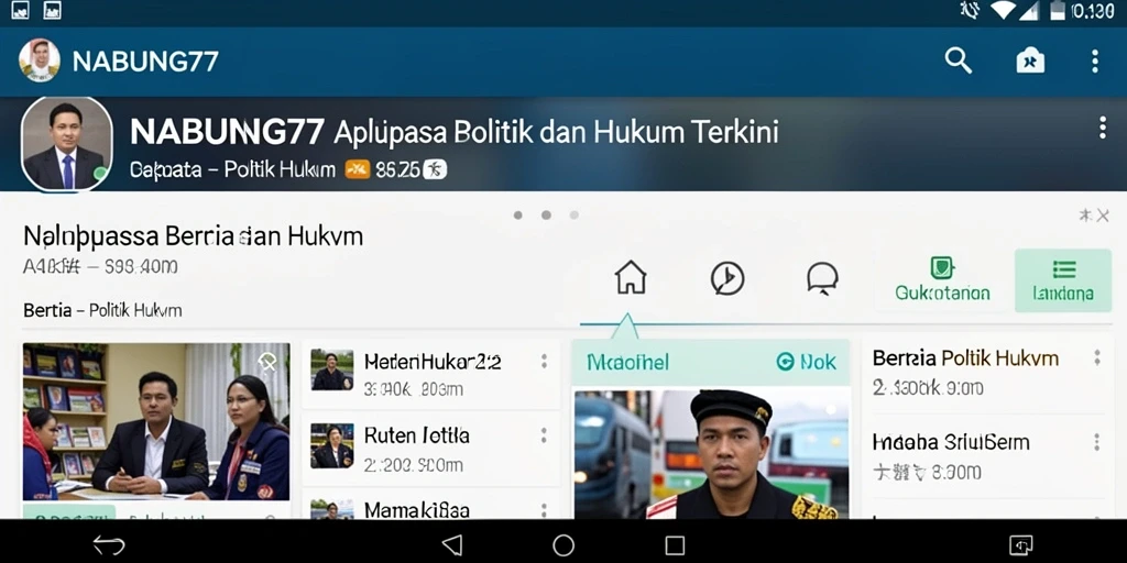 Antarmuka apliksi NABUNG77 yang menampilkan berita politik dan hukum.